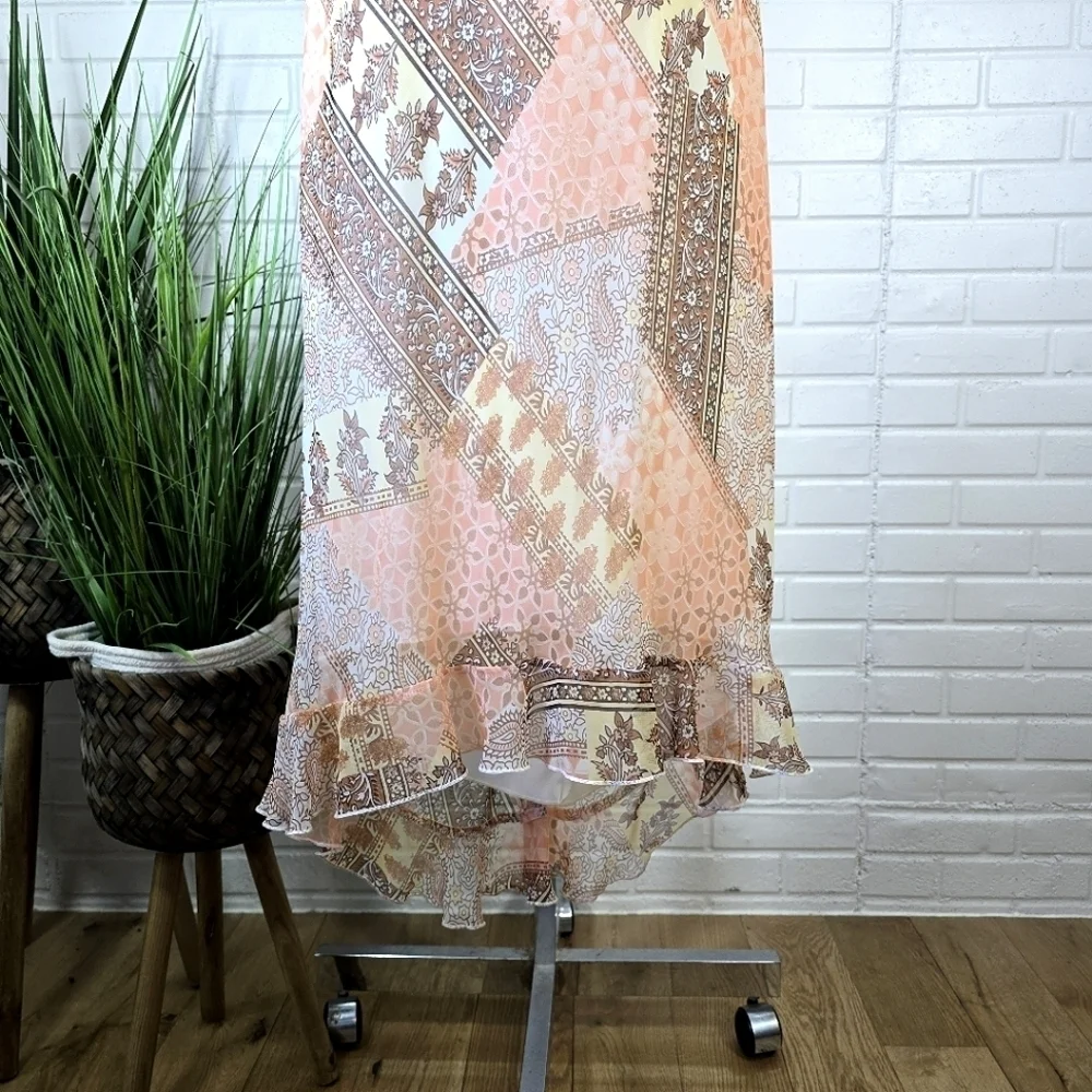 Vintage Y2k Paisley Chiffon Midi Dress size 8 Pastel Orange Cream Pink